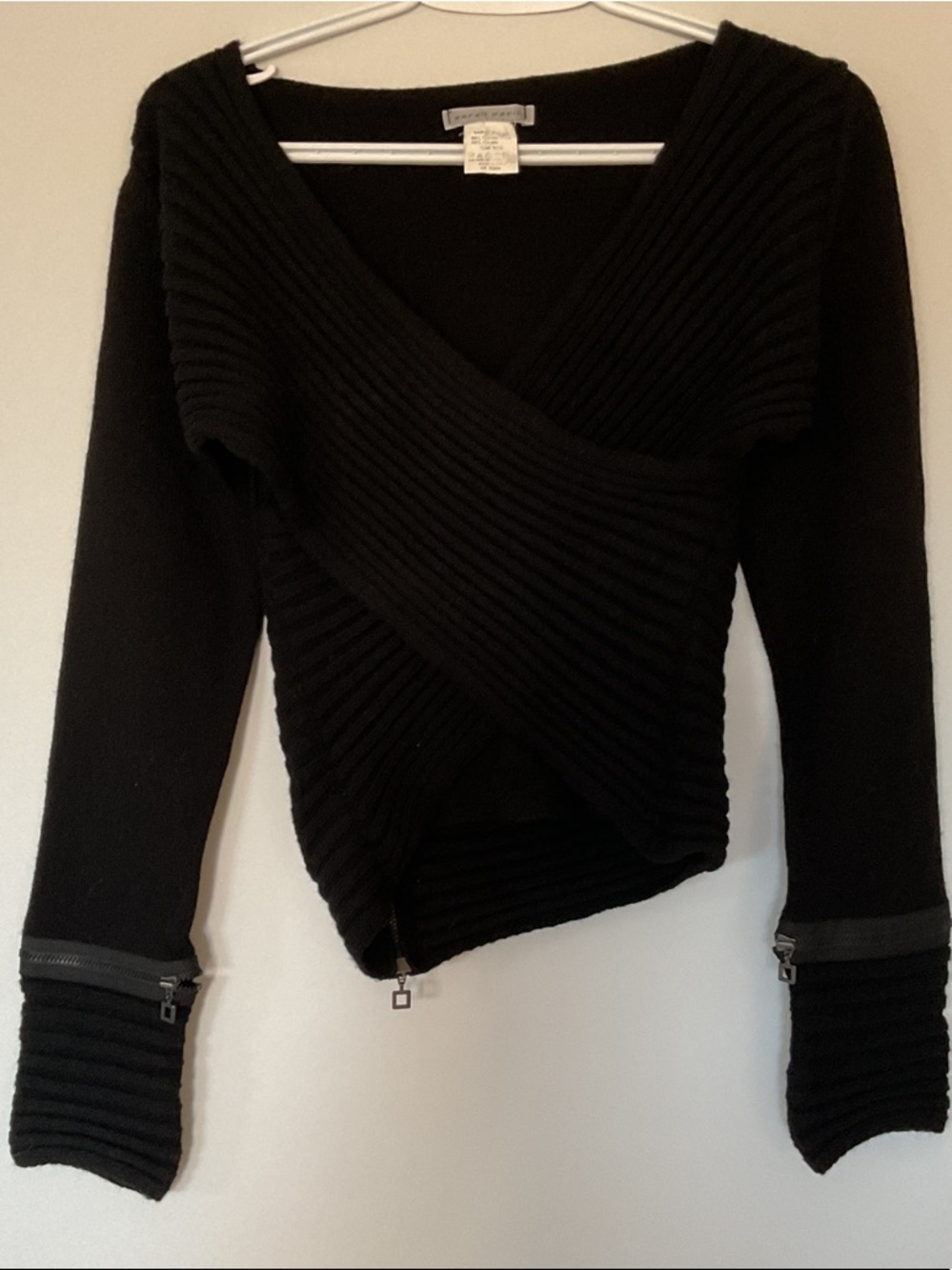 Sarah Pacini Black Ribbed Wrap V-Neck Merino Wool 50% Sweater